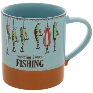 Wishing I Was Fishing Coffee Mug Ceramic Tea Cup Hooks Lures Spinner Gift NEW
